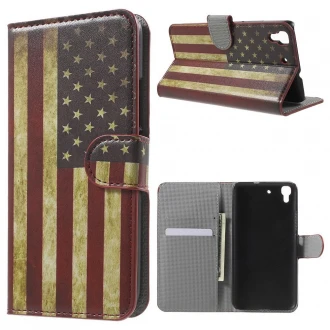 HUAWEI Y6 mønstret læder pung cover Vintage US Flag