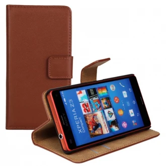 til Sony Xperia Z3 compact ægte læder flip cover brun