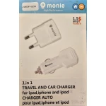 monie 3 , in1 (EU PLUG HJEM, BILOPLADER, USB-KABEL) hvid