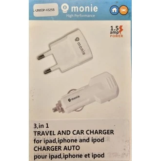 monie 3,in 1 (EU PLUG HJEM, BILOPLADER, USB-KABEL)