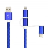 3 i 1 vævet stof usb kabel Lightning Micro Type C blå