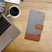 Denimdesign samsung Galaxy S25 flip cover med lommer grå Mobilcover